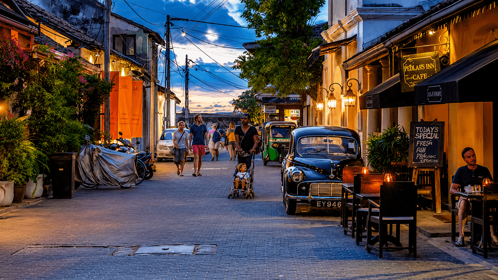 Pedlar’s Street in Galle Fort at dusk, a short walk from Moi Galle Fort
